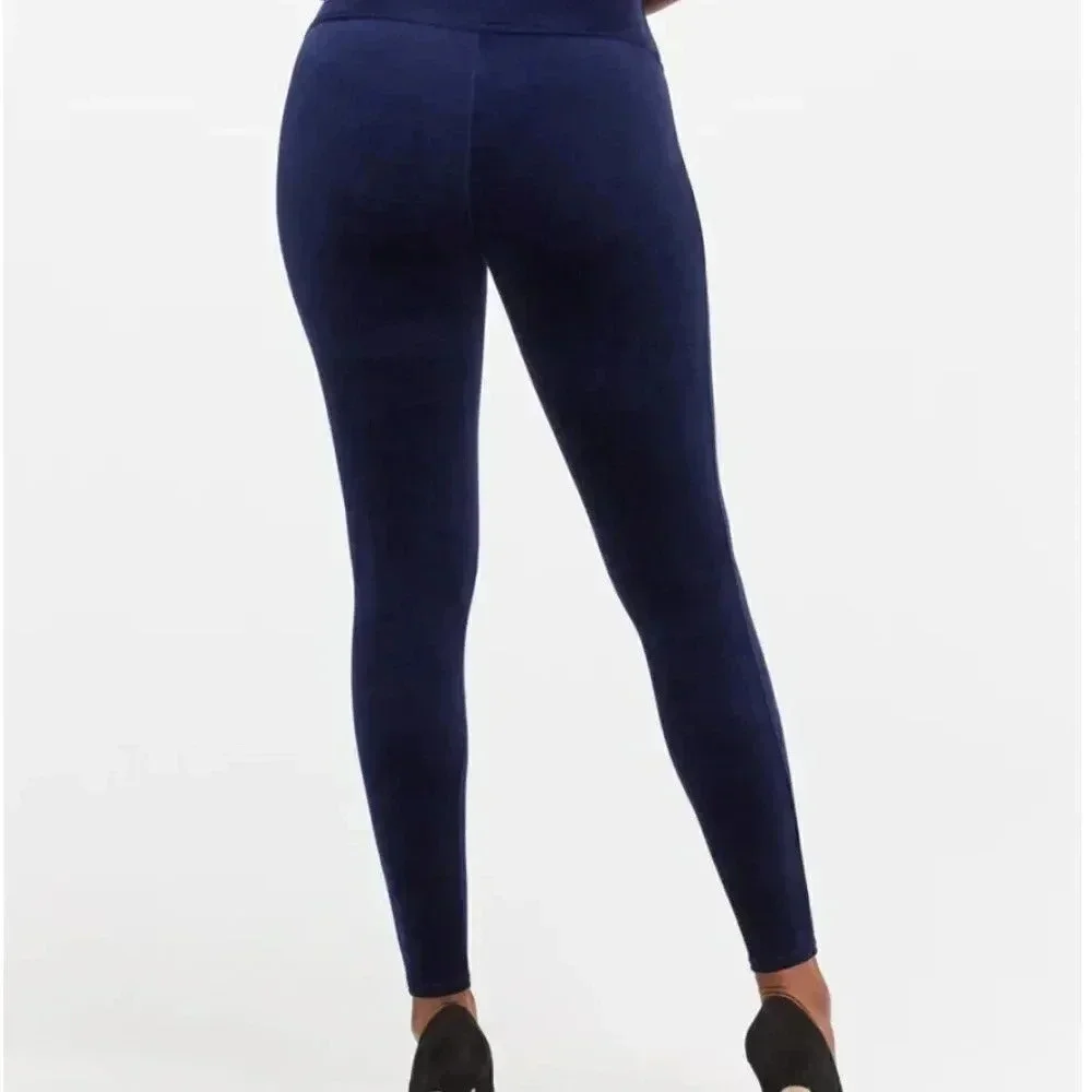 Spanx Velvet Leggings Pull On Stretch Pants Velour Dark Lapis Night Blue Small